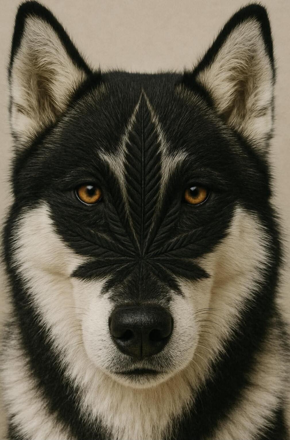 A husky dog with a cannabis leaf pattern on its forehead.