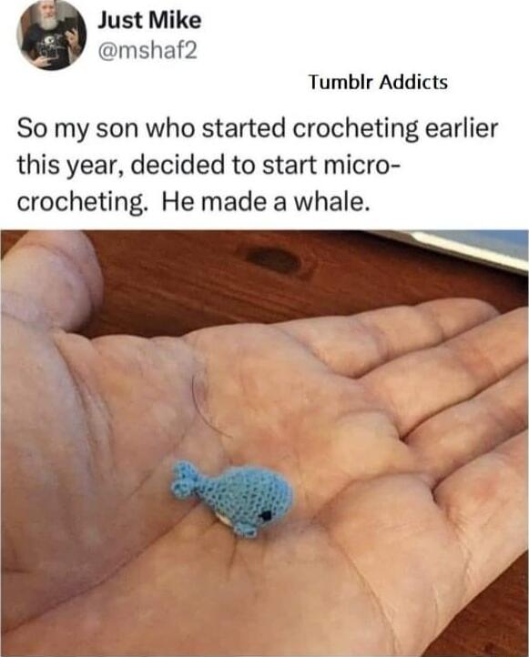 Just Mike mshaf2 Tumblr Addicts So my son who started crocheting earlier this year decided to start micro crocheting He made a whale