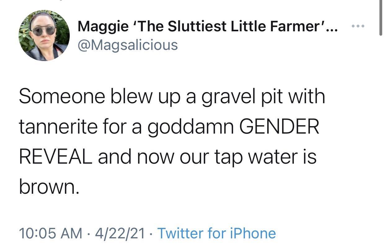 Maggie The Sluttiest Little Farmer Magsalicious Someone blew up a gravel pit with tannerite for a goddamn GENDER REVEAL and now our tap water is brown 1005 AM 42221 Twitter for iPhone
