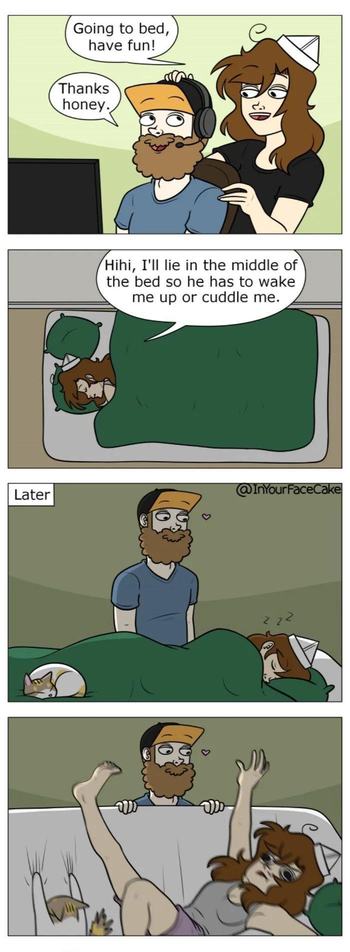 Hihi Ill lie in the middle of the bed so he has to wake me up or cuddle me