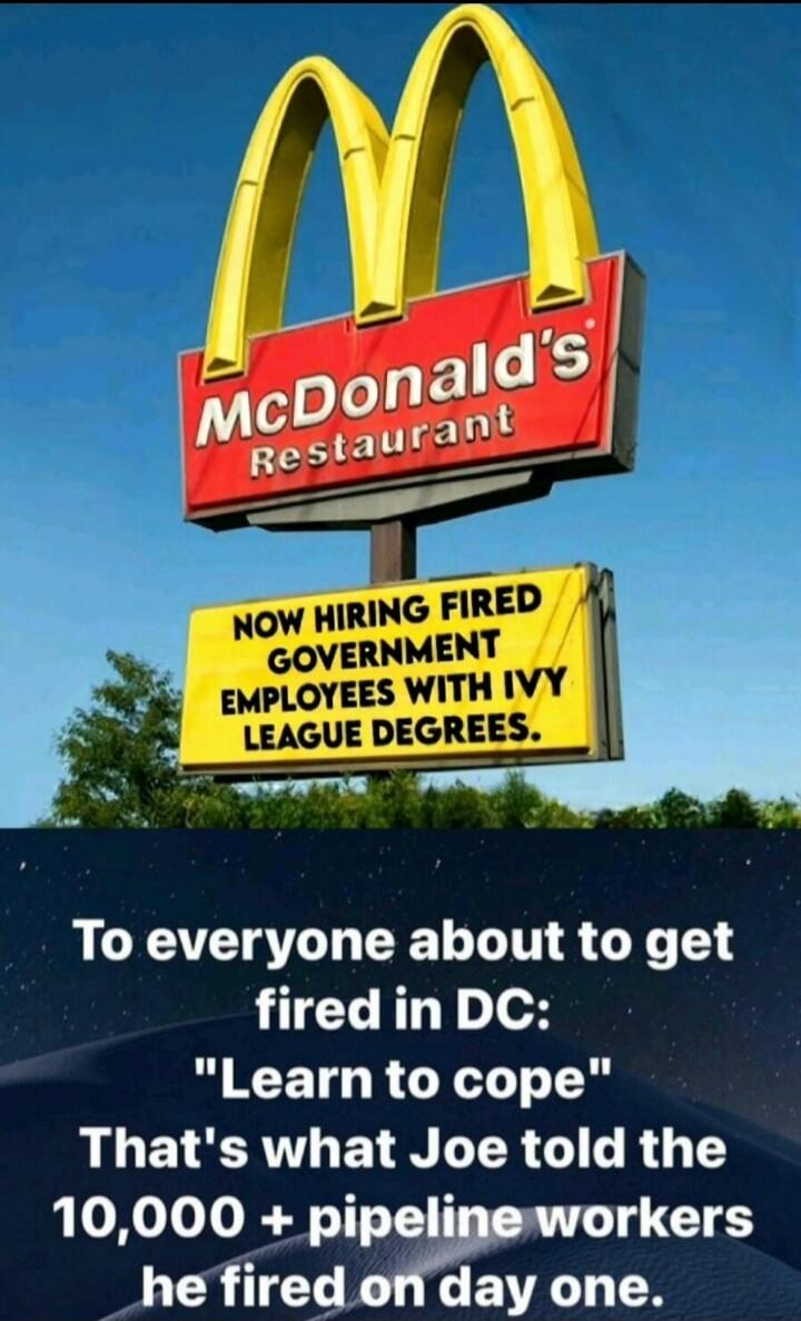 McDonald's Restaurant. NOW HIRING FIRED GOVERNMENT EMPLOYEES WITH IVY LEAGUE DEGREES. To everyone about to get fired in DC: 