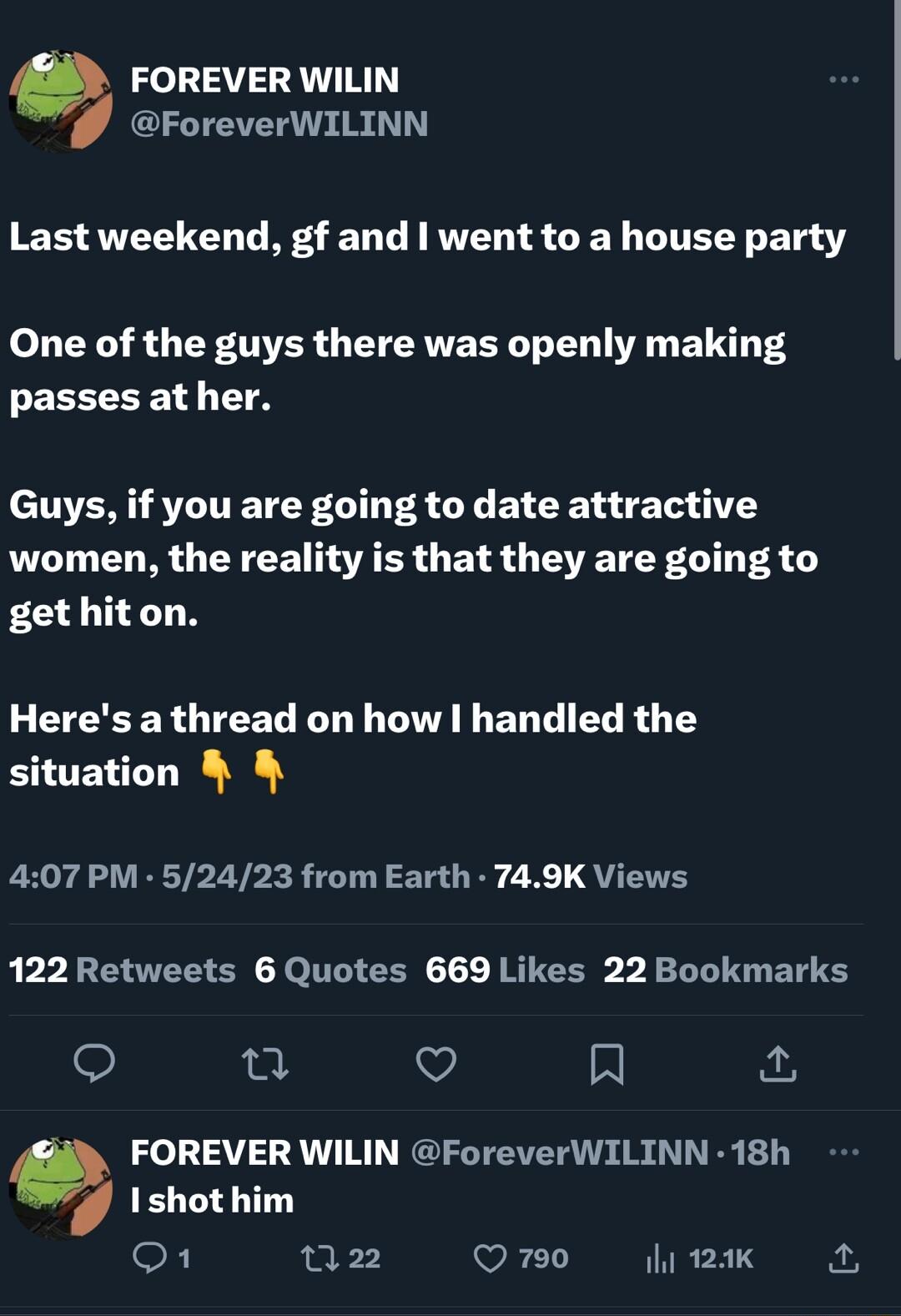 FOREVER WILIN ForeverWILINN Last weekend gf and went to a house party oTITX 4 CF INVER YRV T R BT T EEECEETY TS cIERI ST ITETEE LIN R LY ELER L T TS women the reality is that they are going to get hiton Heres a thread on how handled the situation 407 PM 52423 from Earth 749K Views L PP EETS SR I EERC T N RUGER 4 LT G BT T o R A FOREVER WILIN ForeverWILINN 18h Ishothim o 122 Q790 121k