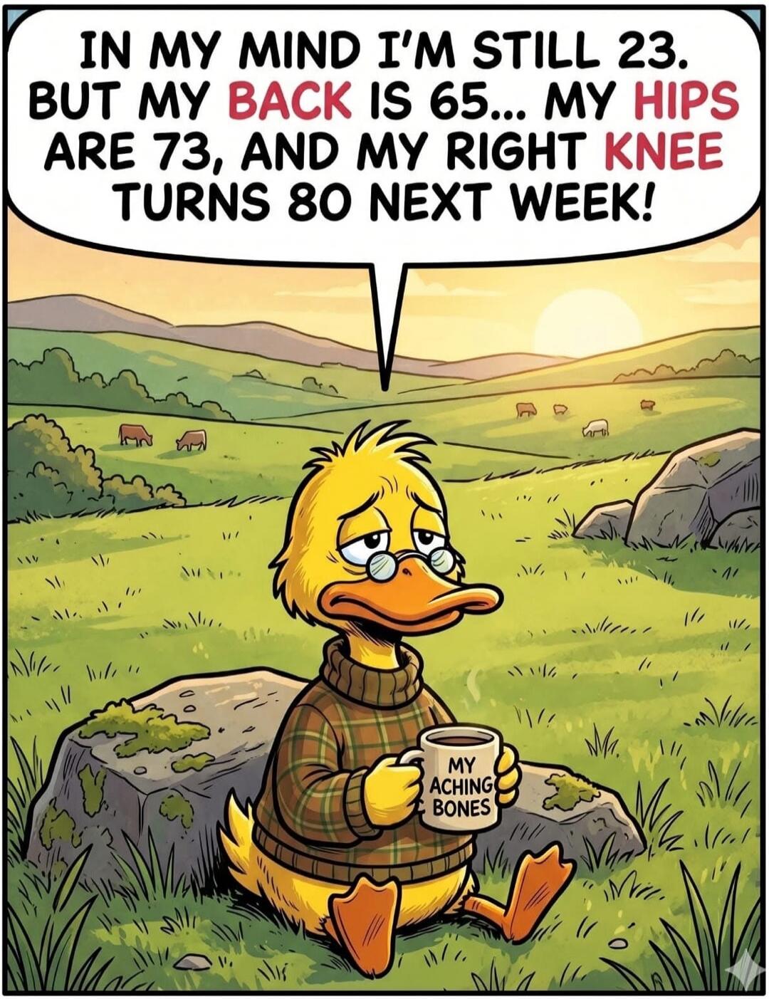 IN MY MIND I'M STILL 23. BUT MY BACK IS 65... MY HIPS ARE 73, AND MY RIGHT KNEE TURNS 80 NEXT WEEK! MY ACHING BONES