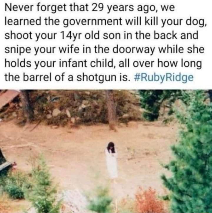 Never forget that 29 years ago we learned the government will kill your dog shoot your 14yr old son in the back and snipe your wife in the doorway while she holds your infant child all over how long the barrel of a shotgun is RubyRidge