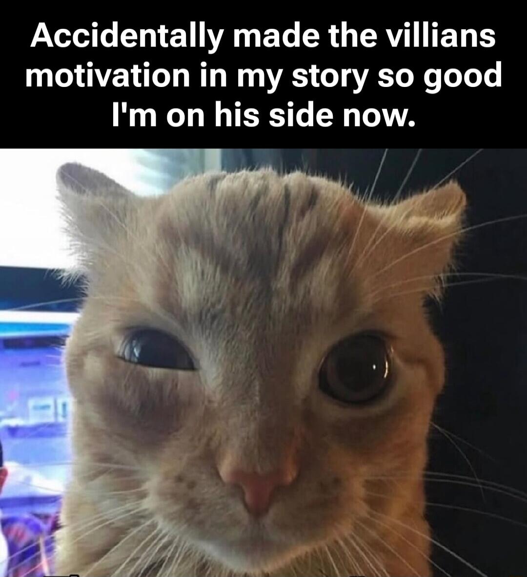 Accidentally made the villains motivation in my story so good I'm on his side now.