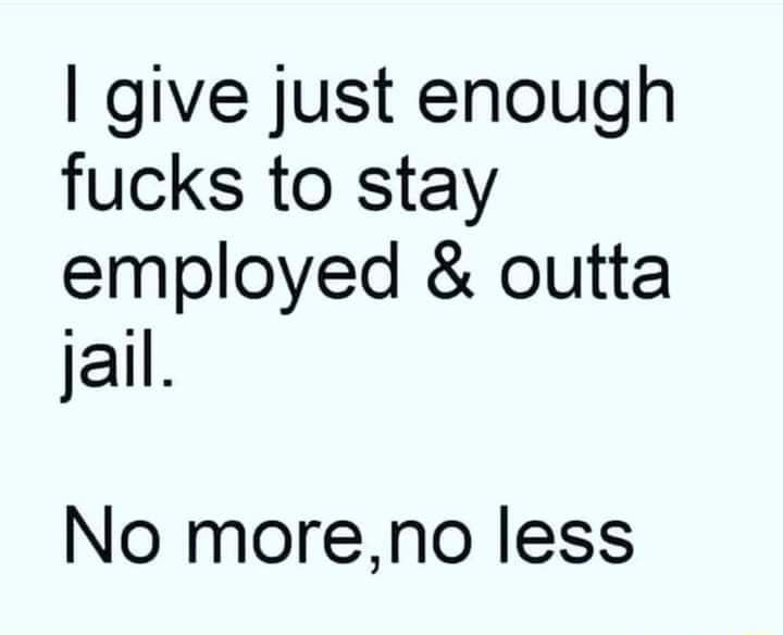 give just enough fucks to stay employed outta jail No moreno less