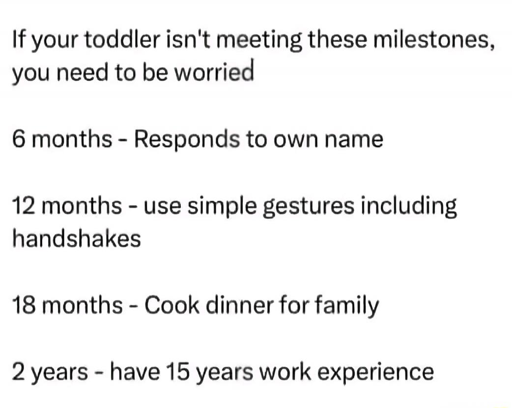 If your toddler isn't meeting these milestones, you need to be worried. 6 months - Responds to own name. 12 months - use simple gestures including handshakes. 18 months - Cook dinner for family. 2 years - have 15 years work experience.