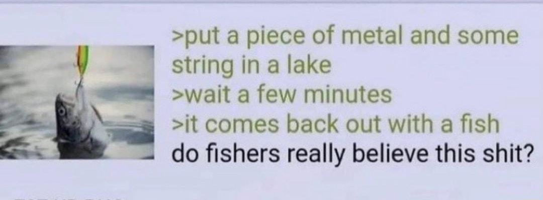 Anonymous 040222Sat052739 No41220 put a piece of metal and some string in a lake wait a few minutes it comes back out with a fish do fishers really believe this shit