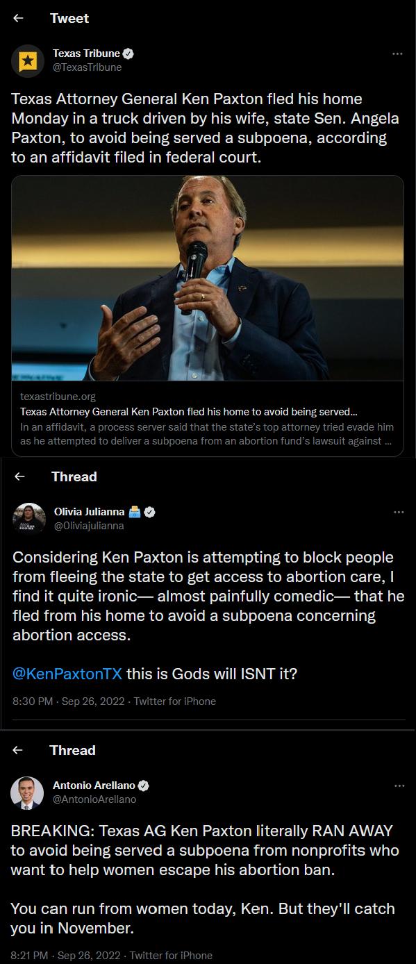 Tweet n Texas Tribune ETexasTribune Texas Attorney General Ken Paxton fled his home Monday in a truck driven by his wife state Sen Angela Paxton to avoid being served a subpoena according to an affidavit filed in federal court 2 rm Texas Attomey General Ken Paxton fled his home to avoid being served In an affidavit a process server said that Thread Oiivia Julianna Considering Ken Paxton is attempt