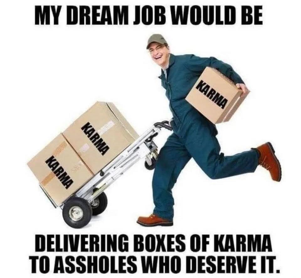 MY DREAM JOB WOULD BE DELIVERING BOXES OF KARMA TO ASSHOLES WHO DESERVE IT.