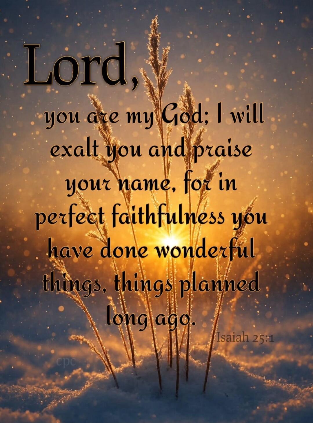 Lord, you are my God; I will exalt you and praise your name, for in perfect faithfulness you have done wonderful things, things planned long ago. Isaiah 25:1