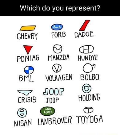 Which do you represent CHEVRY FORB DADGE PONIAG MANZDA HUNDYE O O BML VOKAGEN BOLBO JooPr CRISIS TOOP HOLDING e Ngm LANBROVER TOYOGA