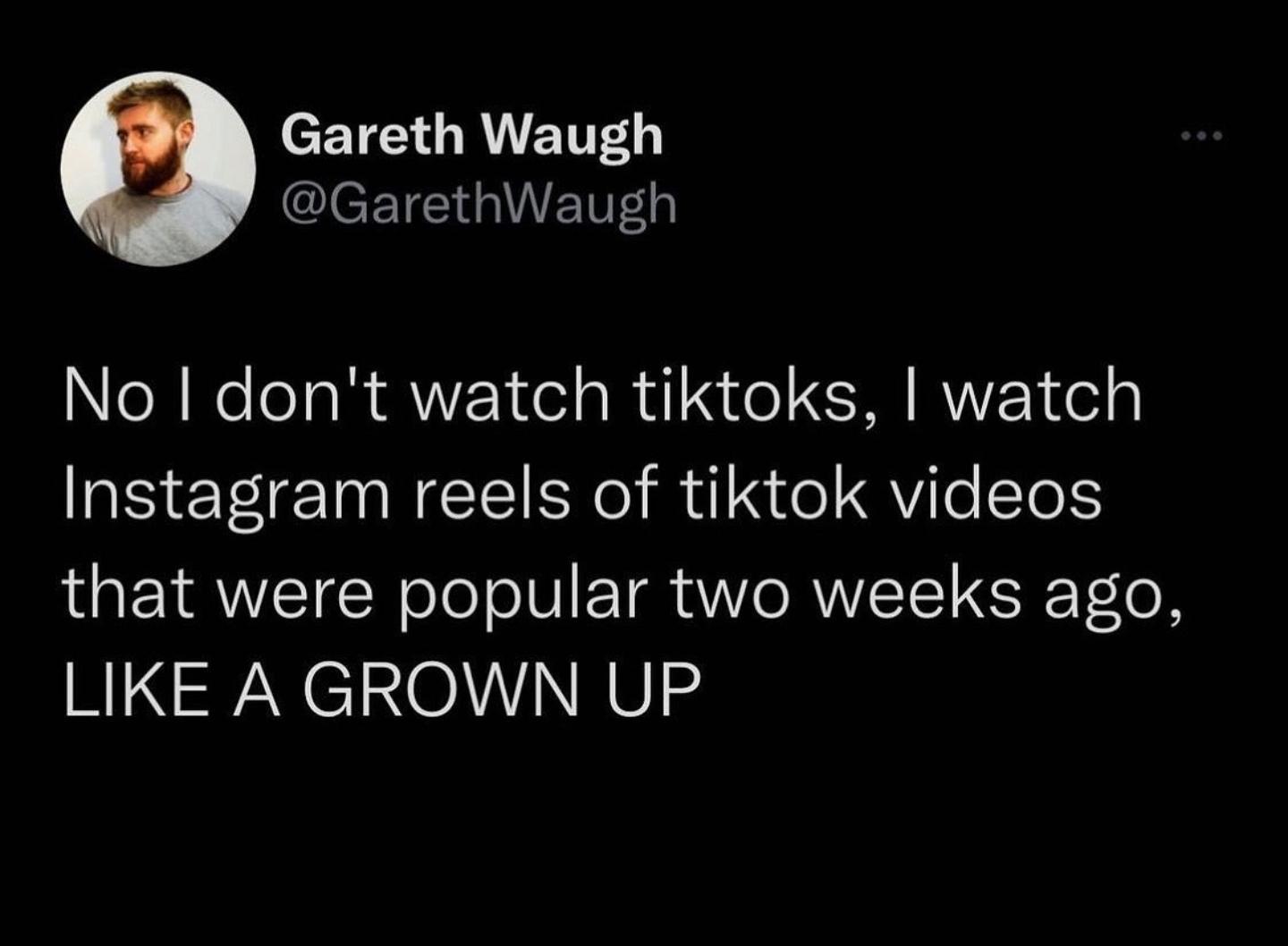 CETE RN ETTE ICETCIWETITy No dont watch tiktoks watch Instagram reels of tiktok videos that were popular two weeks ago LIKE A GROWN UP