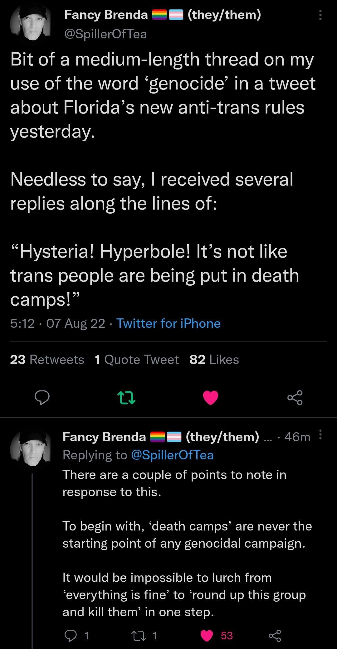 Fancy Brenda 8 theythem spillerOfTea Bit of a medium length thread on my use of the word genocide in a tweet about Floridas new anti trans rules VESCICEWA Needless to say received several replies along the lines of Hysteria Hyperbole Its not like trans people are being put in death camps 512 07 Aug 22 Twitter for iPhone P ENTEE E ROITCICR IVET SN ARIEH 9 Q L 4 Fancy Brenda 8 theythem 46m Replying 