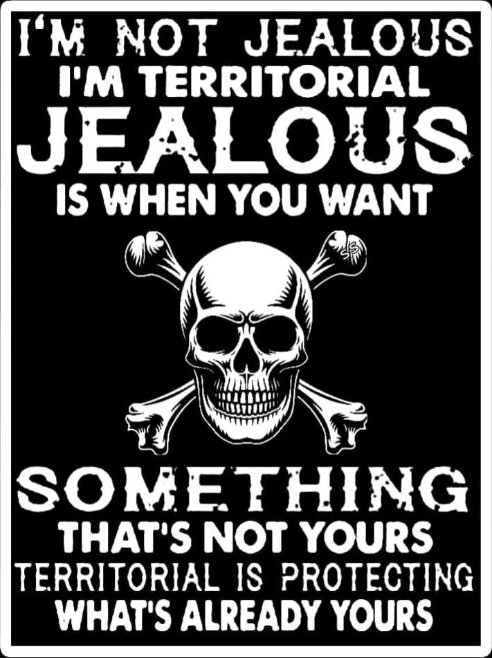 I'M NOT JEALOUS I'M TERRITORIAL JEALOUS IS WHEN YOU WANT SOMETHING THAT'S NOT YOURS TERRITORIAL IS PROTECTING WHAT'S ALREADY YOURS