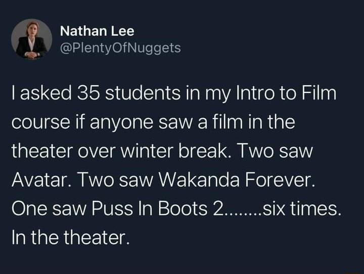 Nathan Lee PlentyOfNuggets asked 35 students in my Intro to Film course if anyone saw a film in the theater over winter break Two saw AVE L o Mo R AN oo N ReIVET One saw Puss In Boots 2 SPQUNEEN RGERGIEEICI