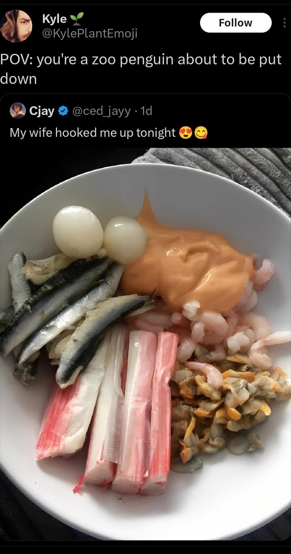 POV: you're a zoo penguin about to be put down

My wife hooked me up tonight 😍😚