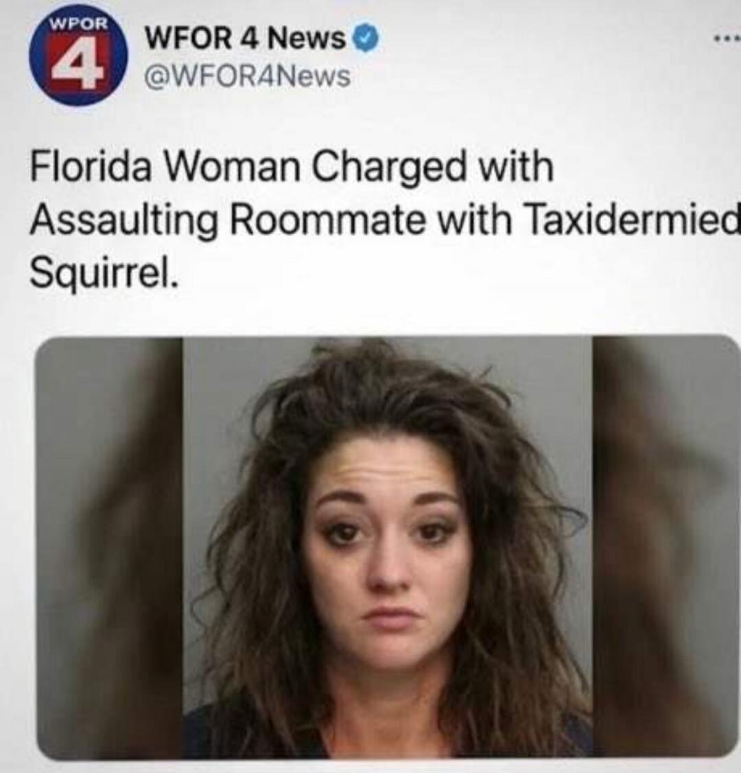 WPOR 4 WFOR 4 News @WFOR4News Florida Woman Charged with Assulting Roommate with Taxidermied Squirrel.