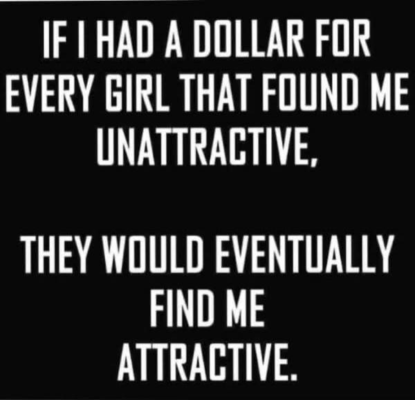 IF I HAD A DOLLAR FOR EVERY GIRL THAT FOUND ME UNATTRACTIVE, THEY WOULD EVENTUALLY FIND ME ATTRACTIVE.
