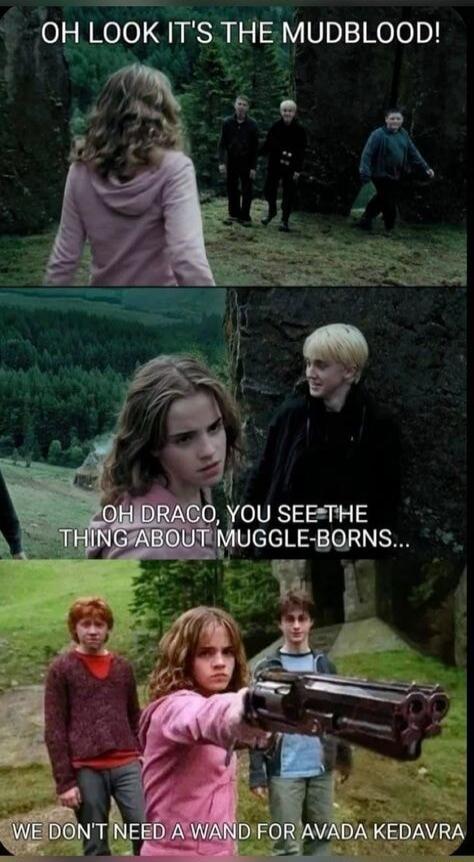 OH LOOK IT'S THE MUDBLOOD!
OH DRACO, YOU SEE THE THING ABOUT MUGGLE-BORNS...
WE DON'T NEED A WAND FOR AVADA KEDAVRA