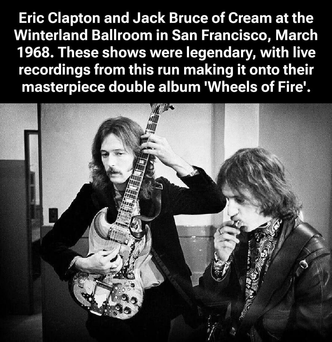 Eric Clapton and Jack Bruce of Cream at the Winterland Ballroom in San Francisco, March 1968. These shows were legendary, with live recordings from this run making it onto their masterpiece double album 'Wheels of Fire'.
