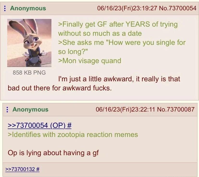 i Anonymous 061623Fri231927 No73700054 Finally get GF after YEARS of trying without so much as a date She asks me How were you single for 50 long Mon visage quand 858 KB PNG Im just a little awkward it really is that bad out there for awkward fucks i Anonymous 061623Fri23 73700054 OP Identifies with zootopia reaction memes 11 No73700087 Op is lying about having a gf 2273700132