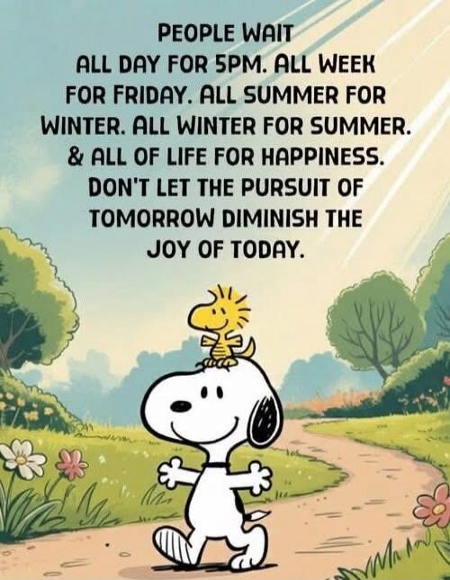 PEOPLE WAIT ALL DAY FOR 5PM. ALL WEEK FOR FRIDAY. ALL SUMMER FOR WINTER. ALL WINTER FOR SUMMER. & ALL OF LIFE FOR HAPPINESS. DON'T LET THE PURSUIT OF TOMORROW DIMINISH THE JOY OF TODAY.