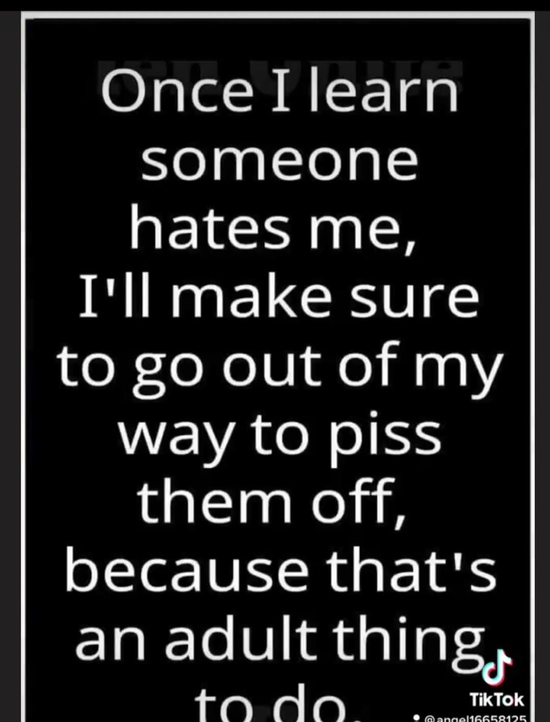 Once I learn someone hates me, I'll make sure to go out of my way to piss them off, because that's an adult thing to do.