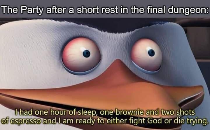 The Party after a short rest in the final dungeon mownleand two shots GleSpIessoJandl am ready toreither fight God or die trying T
