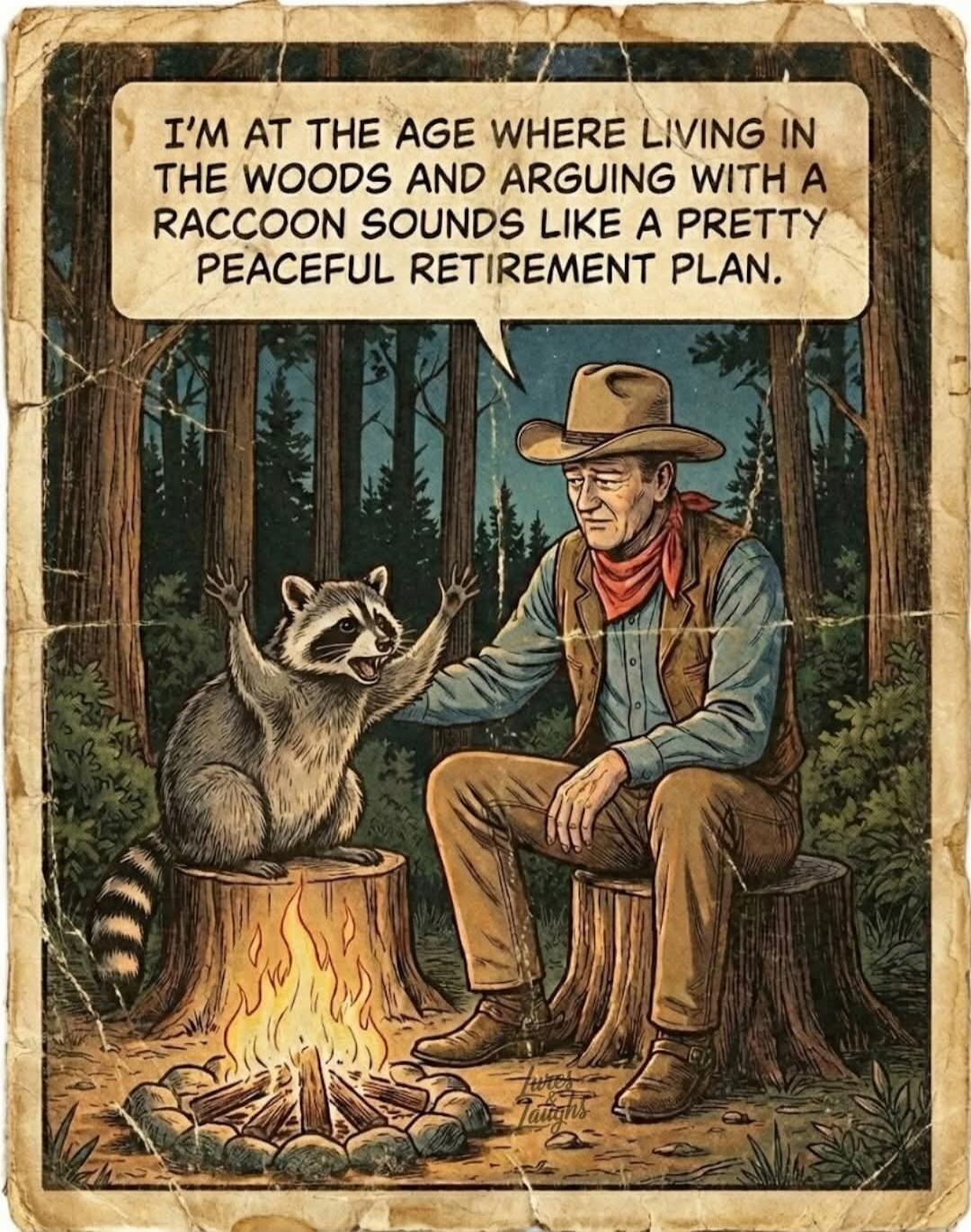 I'M AT THE AGE WHERE LIVING IN THE WOODS AND ARGUING WITH A RACCOON SOUNDS LIKE A PRETTY PEACEFUL RETIREMENT PLAN.