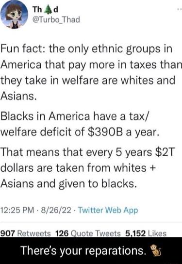 Th Ad Turbo_Thad N Fun fact the only ethnic groups in America that pay more in taxes than they take in welfare are whites and Asians Blacks in America have a tax welfare deficit of 390B a year That means that every 5 years 2T dollars are taken from whites Asians and given to blacks 1225 PM 82622 Twitter Web App 907 Retweets 126 Quote Tweets 5152 Li Theres your reparations