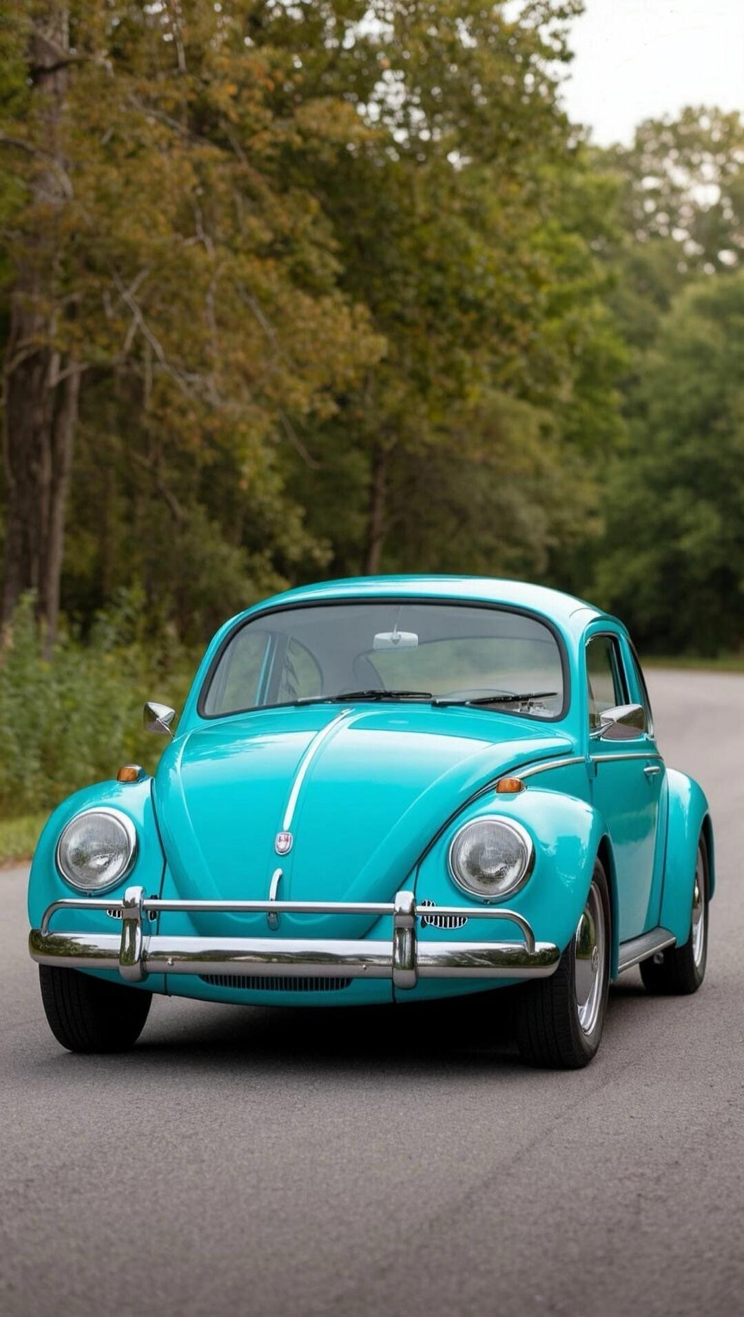 A turquoise vintage car (VW Beetle) driving on a tree-lined road.