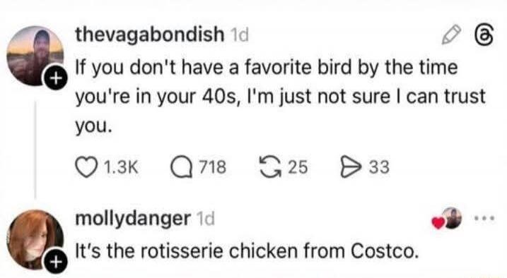 If you don't have a favorite bird by the time you're in your 40s, I'm just not sure I can trust you. It's the rotisserie chicken from Costco.