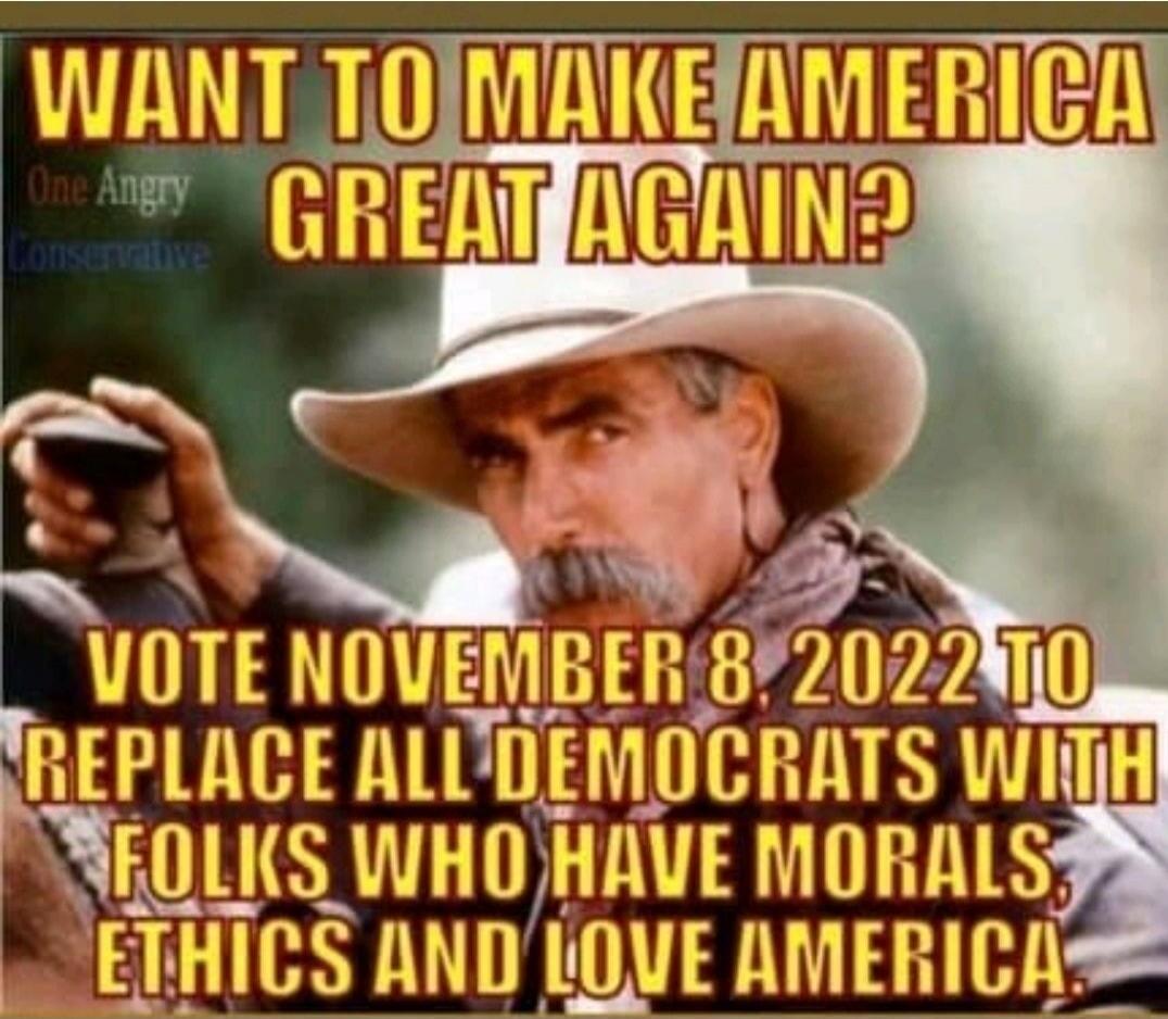 WANT TO MAKE AMERICA GREAT AGAIN? One Angry Conservative VOTE NOVEMBER 8, 2022 TO REPLACE ALL DEMOCRATS WITH FOLKS WHO HAVE MORALS, ETHICS AND LOVE AMERICA.
