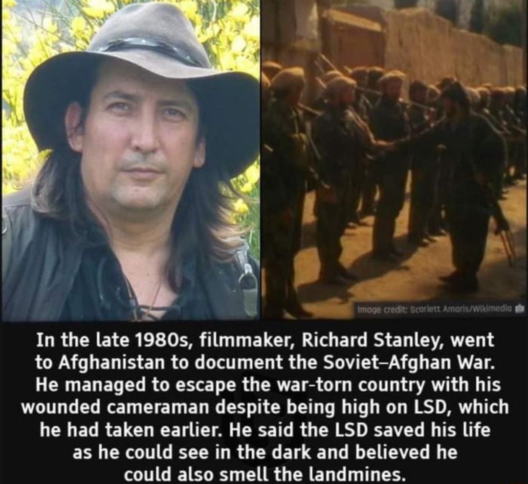 In the late 1980s filmmaker Richard Stanley went to Afghanistan to document the Soviet Afghan War He managed to escape the war torn country with his wounded cameraman despite being high on LSD which he had taken earlier He said the LSD saved his life as he could see in the dark and believed he could also smell the landmines