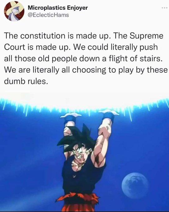 1 Microplastics Enjoyer 04 EclecticHams The constitution is made up The Supreme Court is made up We could literally push all those old people down a flight of stairs We are literally all choosing to play by these dumb rules