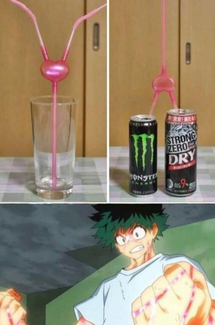A pink heart-shaped straw is shown first in an empty glass, then connected to a Monster Energy drink can and a Suntory Strong Zero Dry alcoholic beverage can. Below, Izuku Midoriya from My Hero Academia is depicted with an intense expression and glowing red lines on his arms, suggesting he's powered up.