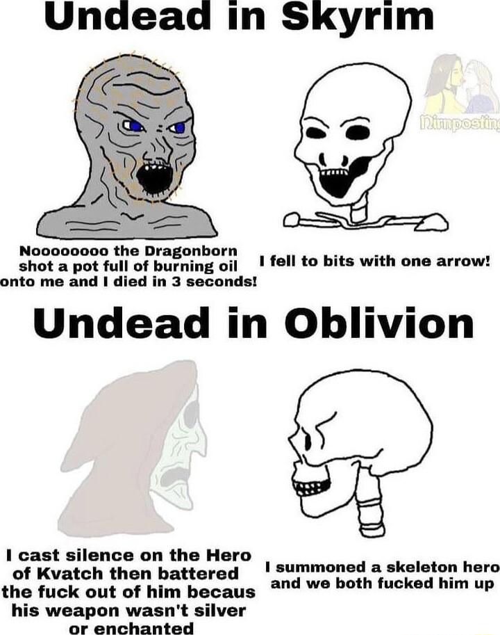 Undead In Skyrim N00000000 the Dragonborn shot a pot full of burning oi onto me and I died in 3 seconds Undead in Oblivion Ifell to bits with one arrow 1 cast silence on the Hero of Kvatch then battered summoned a skelaton hero the fuck out of him becaus nicad im U his weapon wasnt silver e il asapon e