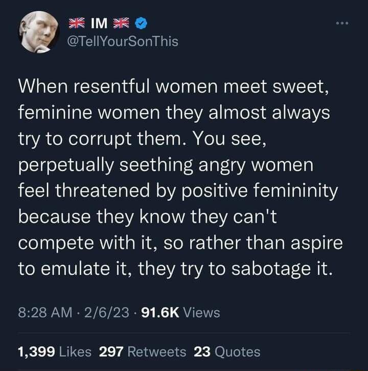 B TellYourSonThis When resentful women meet sweet feminine women they almost always try to corrupt them You see perpetually seething angry women LCEIRGICETE T N oA ol TOVR T0a T Tal 0114 EE VR A G OITA G EVACE T R compete with it so rather than aspire to emulate it they try to sabotage it 828 AM 2623 916K Views RRUCER i ERVEE R X JOIICE