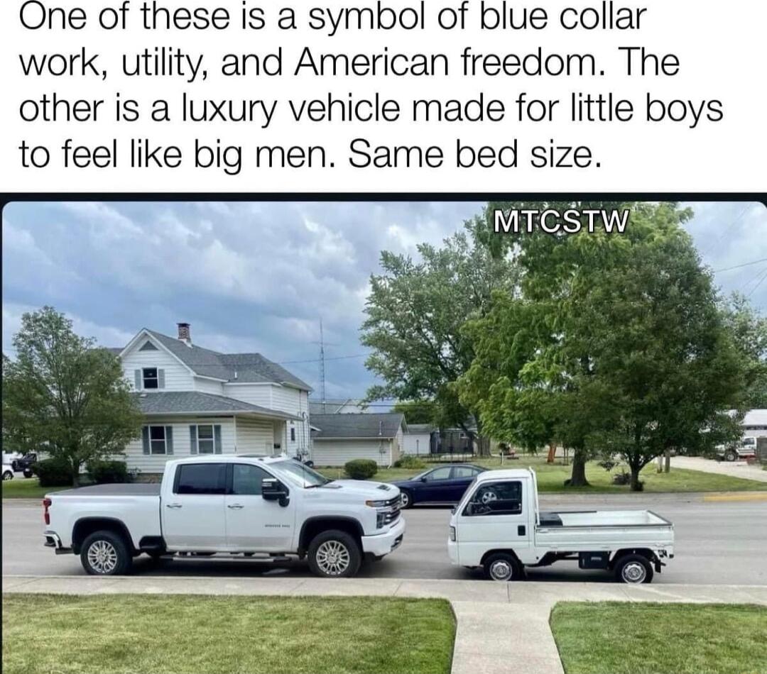 One of these Is a symbol of blue collar work utility and American freedom The other is a luxury vehicle made for little boys to feel like big men Same bed size