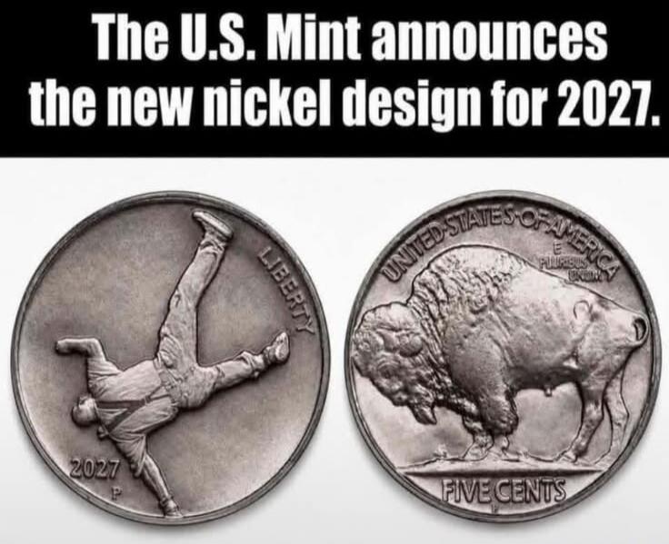 The U.S. Mint announces the new nickel design for 2027. On the coin: LIBERTY, 2027 P, UNITED STATES OF AMERICA, E PLURIBUS UNUM, FIVE CENTS.