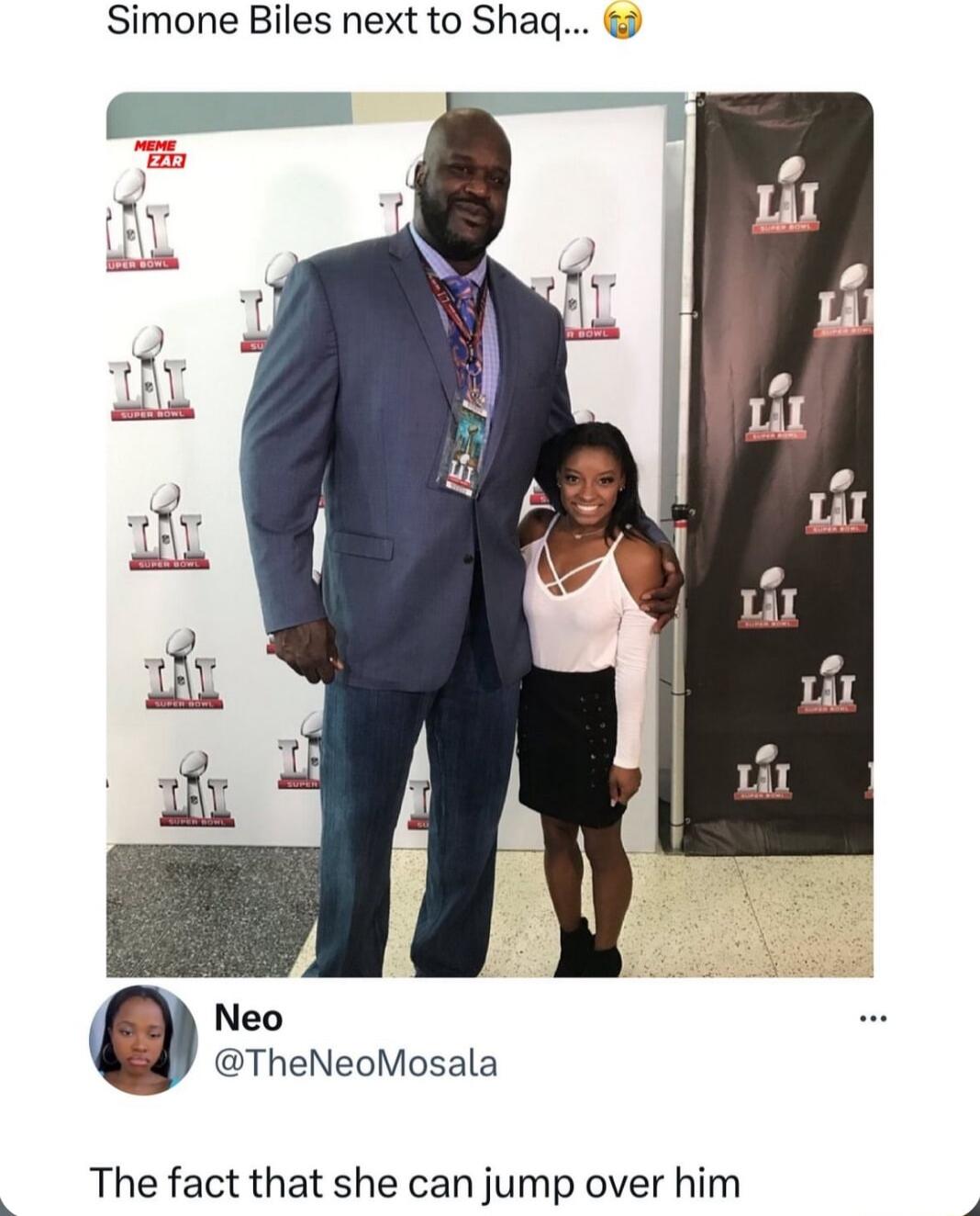 Simone Biles next to Sha Neo TheNeoMosala The fact that she can jump over him