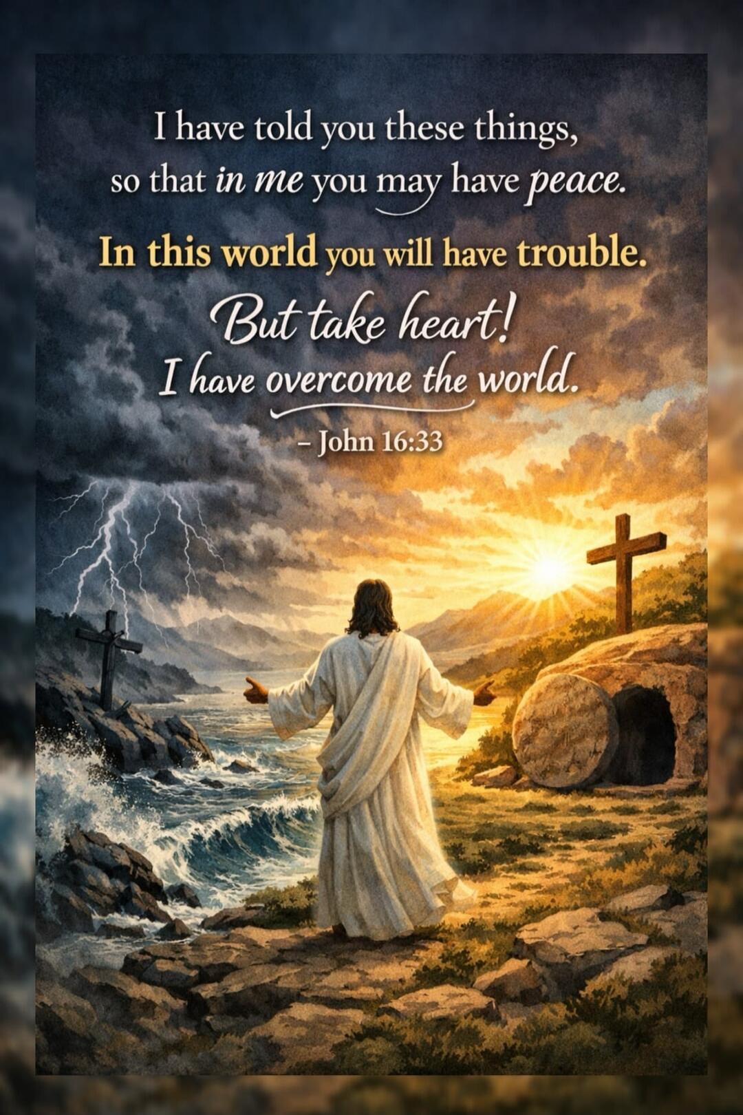 I have told you these things, so that in me you may have peace. In this world you will have trouble. But take heart! I have overcome the world. - John 16:33