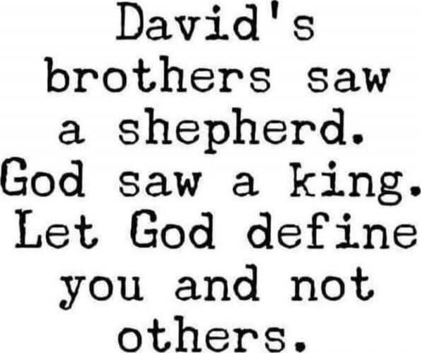 David's brothers saw a shepherd. God saw a king. Let God define you and not others.
