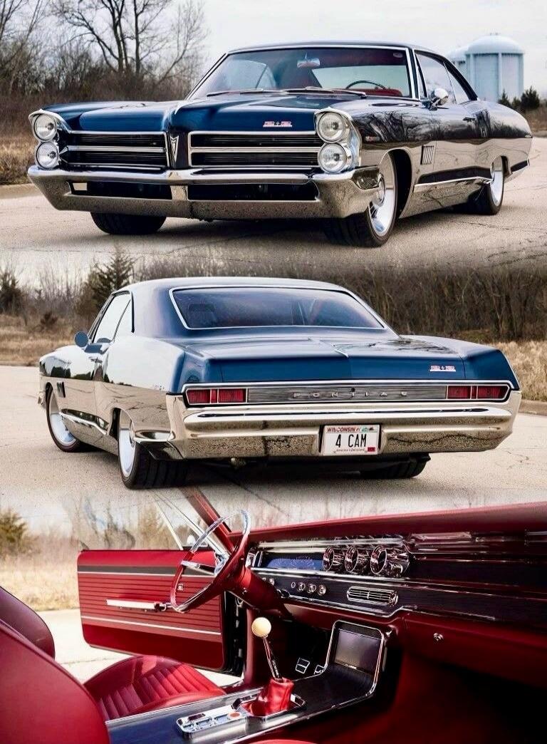 A classic blue Pontiac car, shown from the front, rear, and interior. The license plate reads 'WISCONSIN 4 CAM'. The interior features red seats and dashboard.