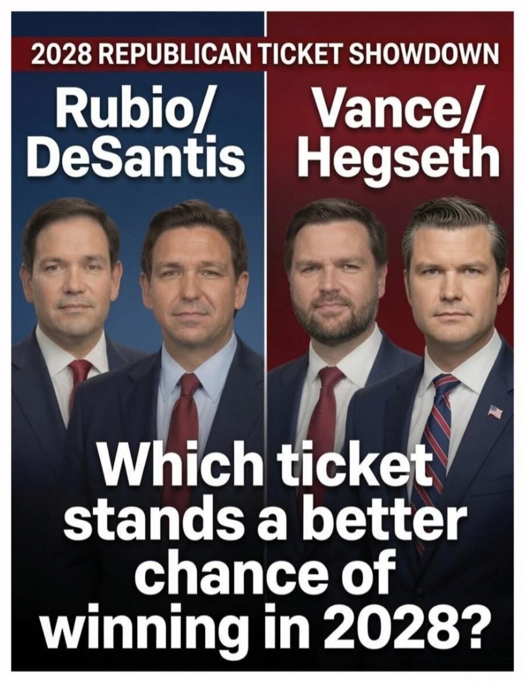 2028 REPUBLICAN TICKET SHOWDOWN Rubio/DeSantis Vance/Hegseth Which ticket stands a better chance of winning in 2028?