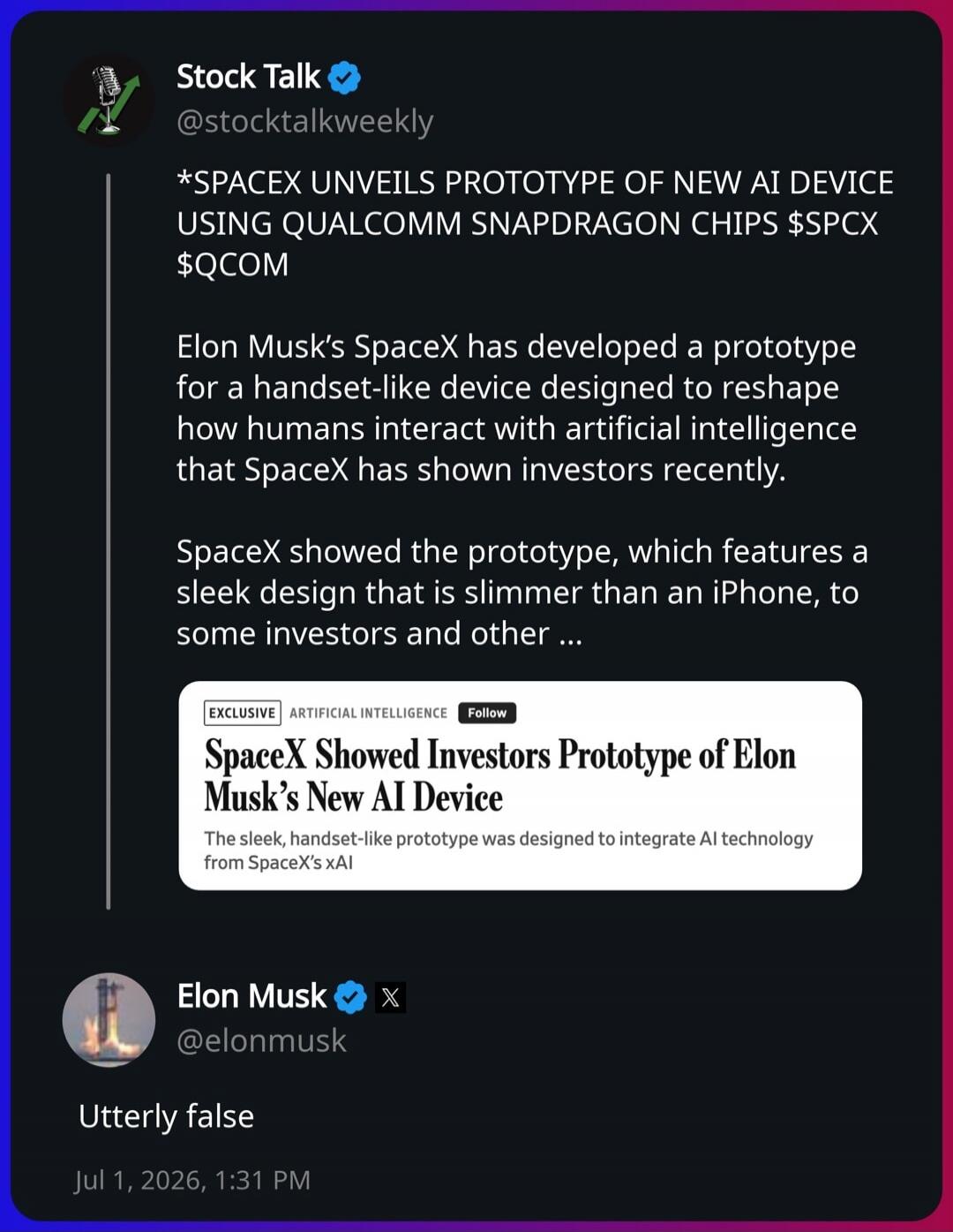Stock Talk @stocktalkweekly *SPACEX UNVEILS PROTOTYPE OF NEW AI DEVICE USING QUALCOMM SNAPDRAGON CHIPS $SPCX $QCOM Elon Musk's SpaceX has developed a prototype for a handset-like device designed to reshape how humans interact with artificial intelligence that SpaceX has shown investors recently. SpaceX showed the prototype, which features a sleek d