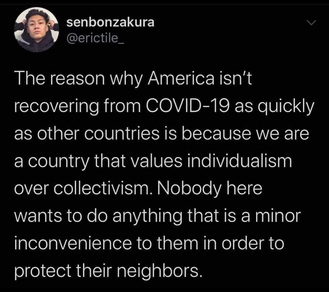 senbonzakura V erictile_ The reason why America isnt recovering from COVID 19 as quickly as other countries is because we are a country that values individualism over collectivism Nobody here WElgiEhleNe o R1aYitallale Rt IR ER Raallalels glelelgVTalllnletRioRialSTaaRIgRel o STTe protect their neighbors