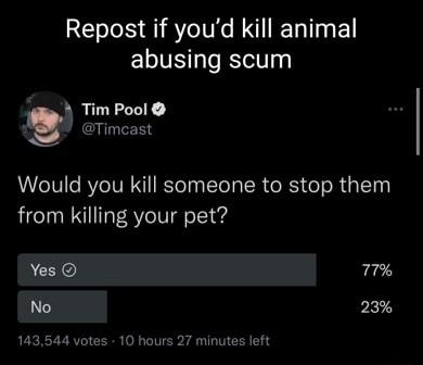 Repost if youd kill animal abusing scum 4 Tim Pool s Timcast Would you kill someone to stop them from killing your pet Yes 7 No P 143544 votes 10 hours 27 minute