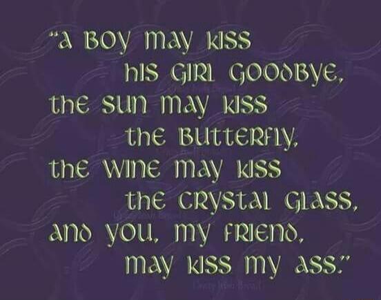 A boy may kiss his girl goodbye, the sun may kiss the butterfly, the wine may kiss the crystal glass, and you, my friend, may kiss my ass.